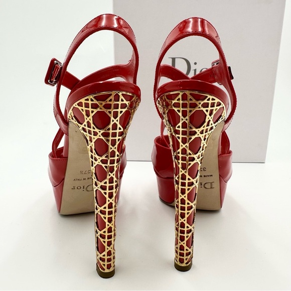 Dior Metal Cannage Strappy Peep Toe Heels Red Patent Leather - Picture 10 of 16